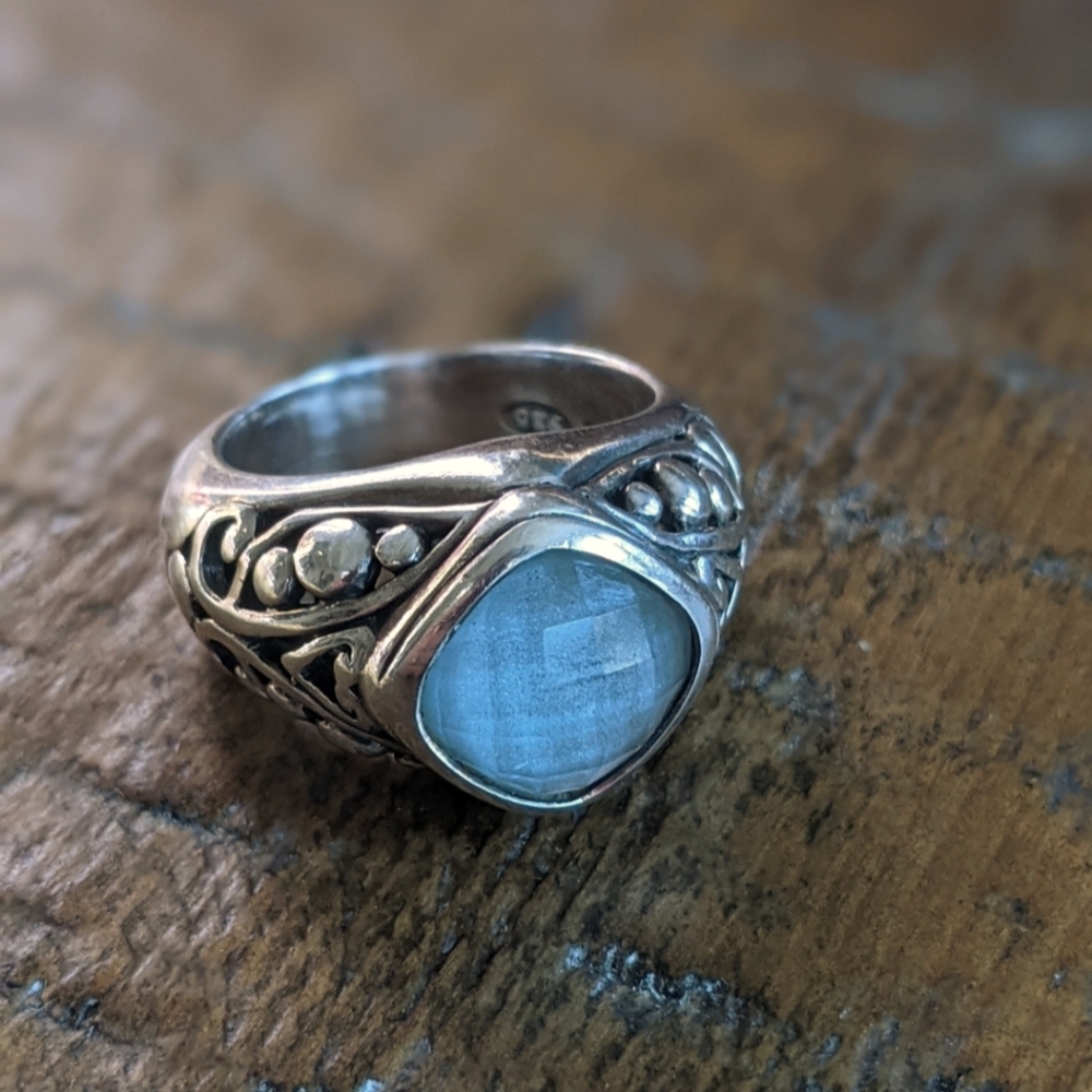 Stunning Faceted Blue Topaz Filagree Ring. .925 sterling silver